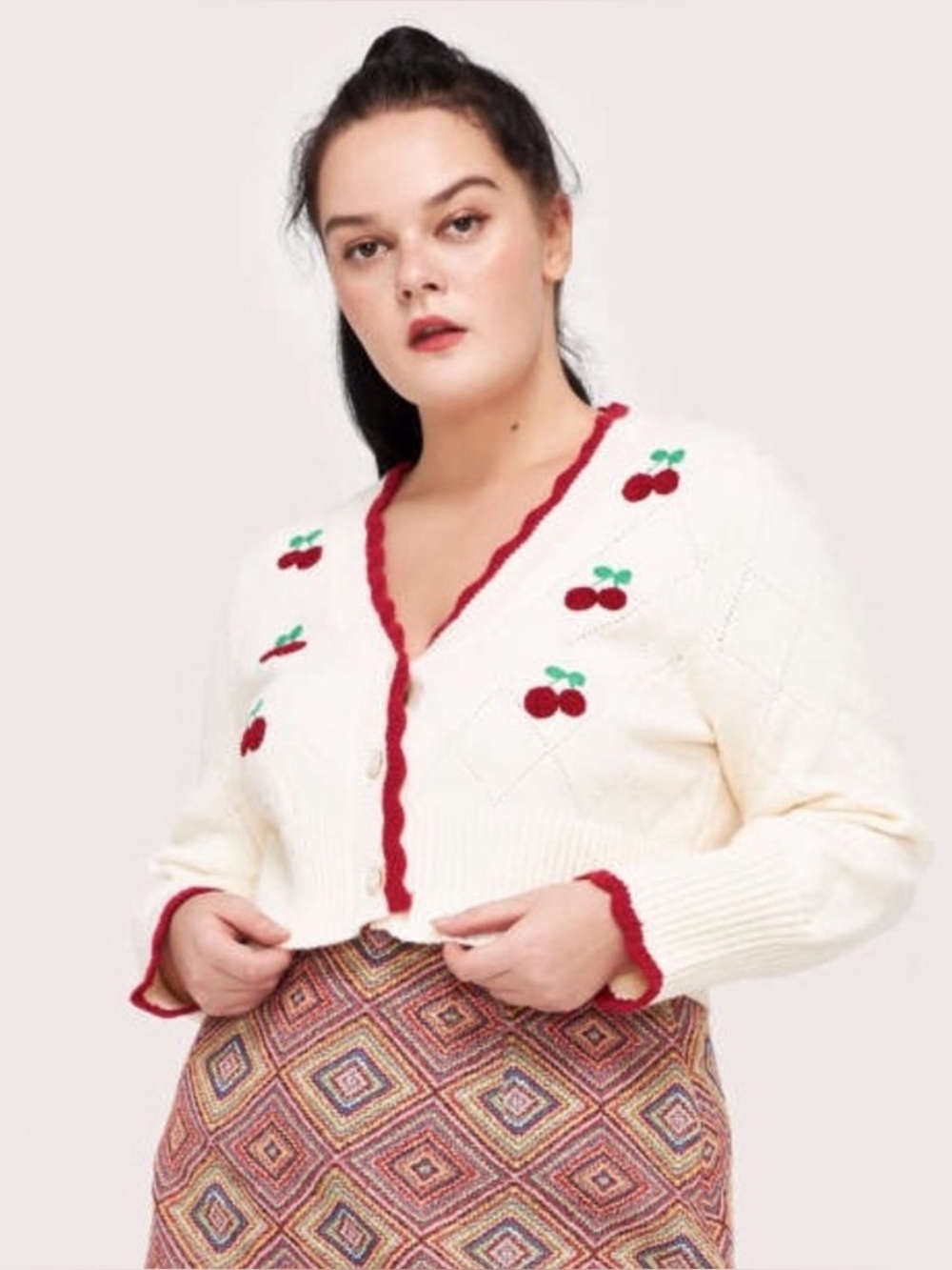 CIDER Cream Knit Cherry Scallop Hem Cottagecore Coquette Cropped Cardigan Large